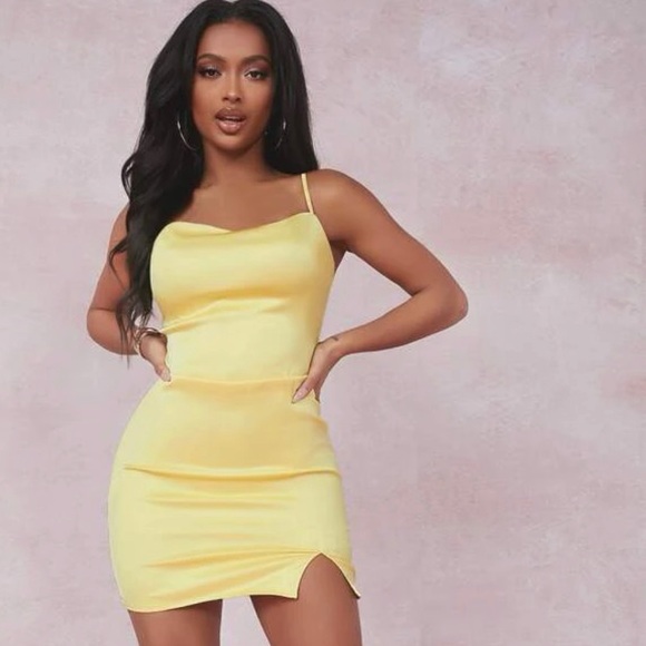 Dresses & Skirts - Yellow Split Detail Satin Cami Bodycon Dress